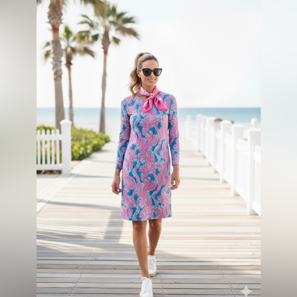 Lilly Pulitzer Charley Dress Size L 3/4 Sleeve Casual Cotton Pink Blue